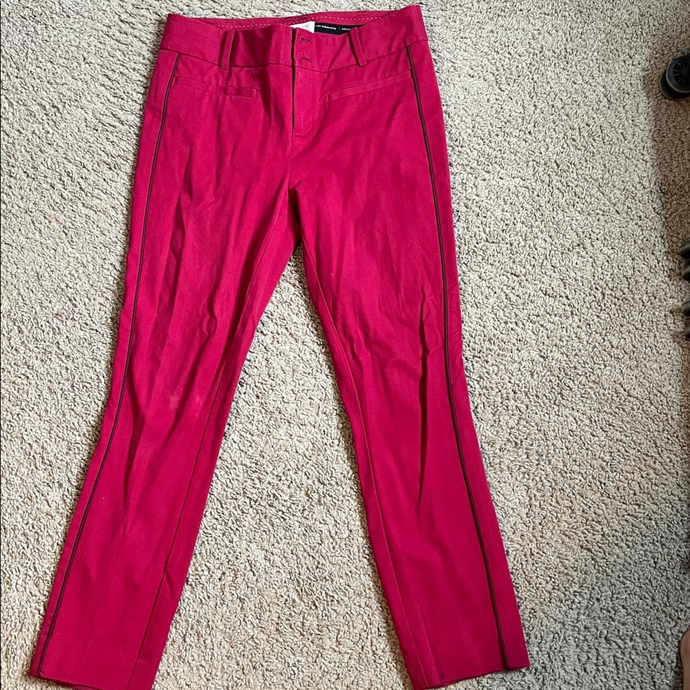 Anthropologie dark red cropped pants with burgundy stripe.